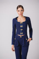 Tailored Jacket And Pant Set With Velour / Satin Trimmings And Gold Buttons